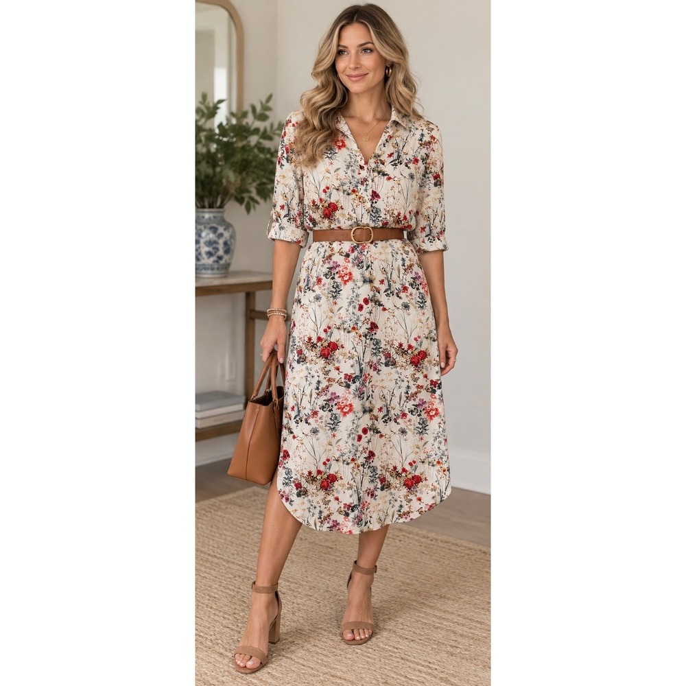 Zara Woman Floral Midi Shirt Dress Ivory Red Botanical Print Size S